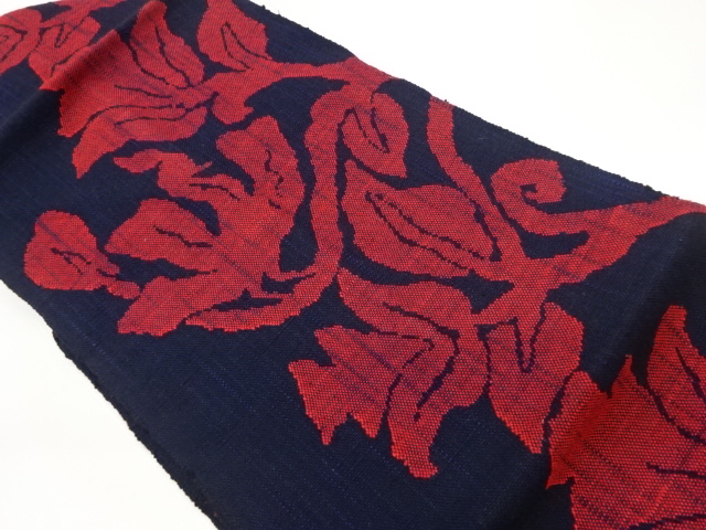 手織り真綿紬草花模様織出し名古屋帯